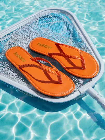 女士夏季露趾平底凉鞋，编织带人字拖，轻便休闲拖鞋