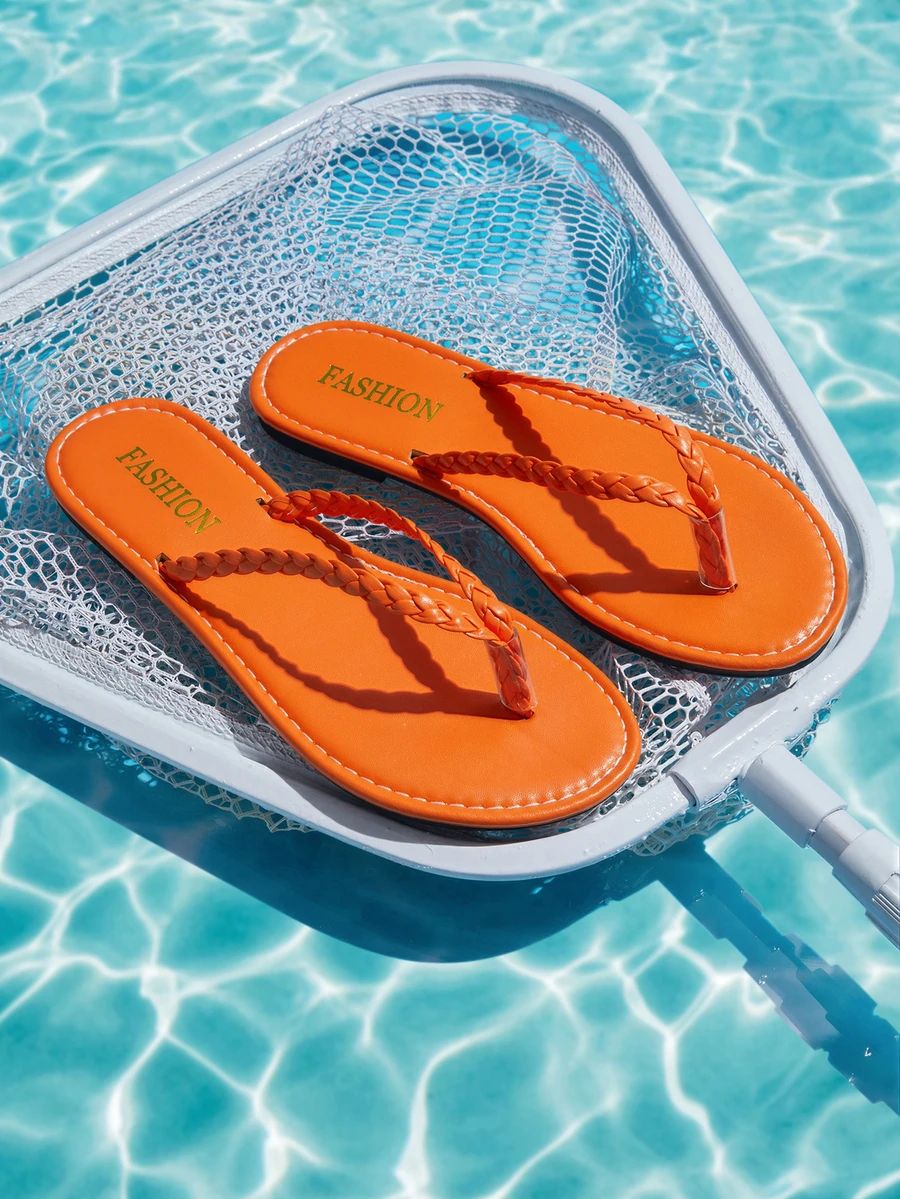 女士夏季露趾平底凉鞋，编织带人字拖，轻便休闲拖鞋 - 橘色 - 查看 1