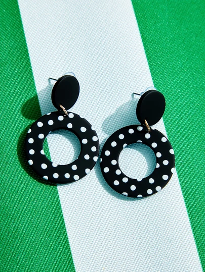1 Pair Classic Black Hollow Circle Retro Polka Dot Acrylic Women's Dangle Earrings, Ceramic Texture Cute & Elegant, Suitable For Daily, Party, Holiday, Gift