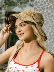 经典草编帽，女士沙滩遮阳帽，多功能渔夫帽，防紫外线，春夏音乐节 - 駝色 - 查看 2