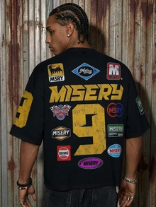 男士黑色宽松T恤，饰有“Misery 9”赛车贴片印花，街头风格 - 黑色 - 查看 2