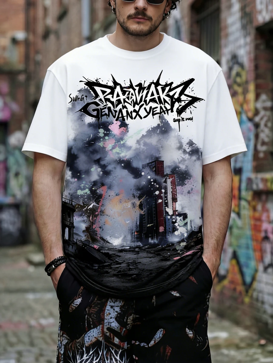 Áo thun nam trắng dáng rộng in hình tàn tích thành phố tận thế, phong cách punk đường phố. - trắng - Xem 1