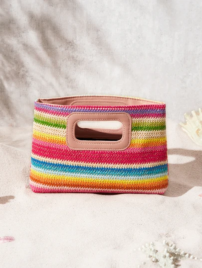 彩色编织包，假日草编包，旅行包，时尚便携收纳包，沙滩包，草编手提包，迷你草编手提包，草编手拿包，草编晚宴包，夏季必备单品，百搭之选，完美适用于女性、女孩、学生、旅行、度假、海滩、节日、派对、礼品