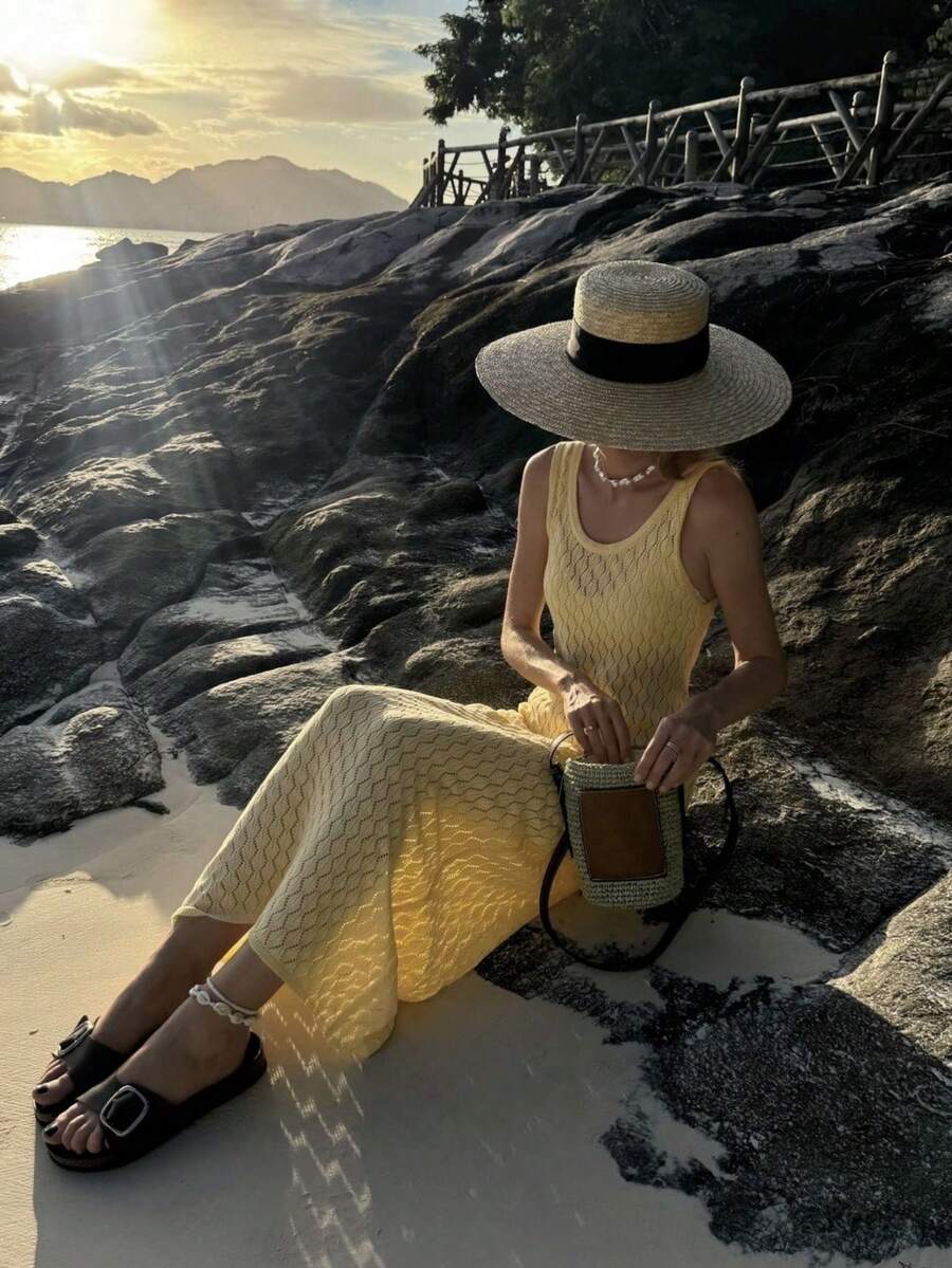 Vivid Style New Summer Fashion: Versatile Solid-Color Openwork Sleeveless Loose-Fit Casual Elegant Maxi Dress-Perfect For Parties, Gatherings, Dates, Vacations, And Birthdays - Yellow - View 1