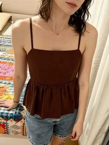夏季新款小众简约设计百搭休闲宽松A字吊带背心，适合海滩、学校、度假、日常穿着，春夏皆宜。 - 咖啡棕 - 查看 2