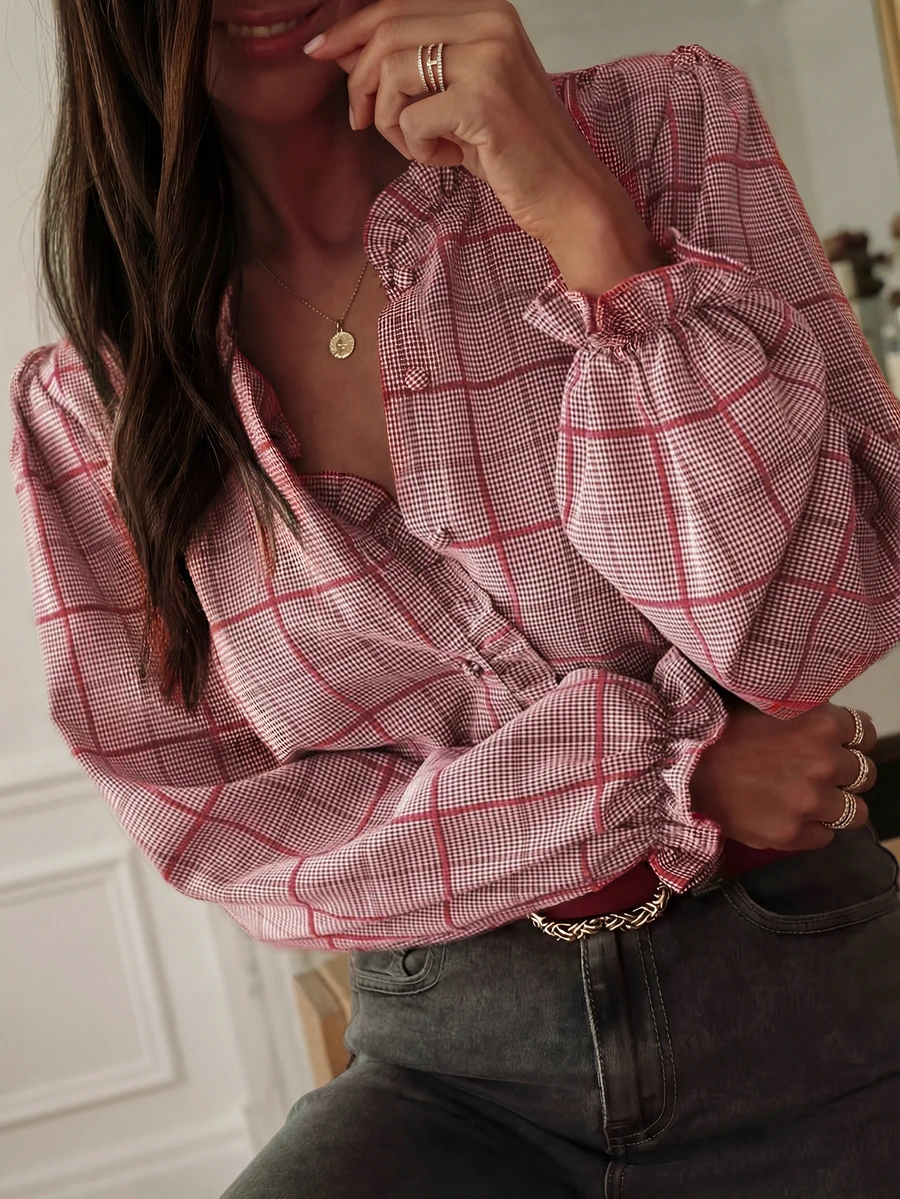 Women's Plaid Print Ruffle Collar Long Sleeve Woven Shirt, Suitable For Casual Wear Spring - Dusty Pink - View 1