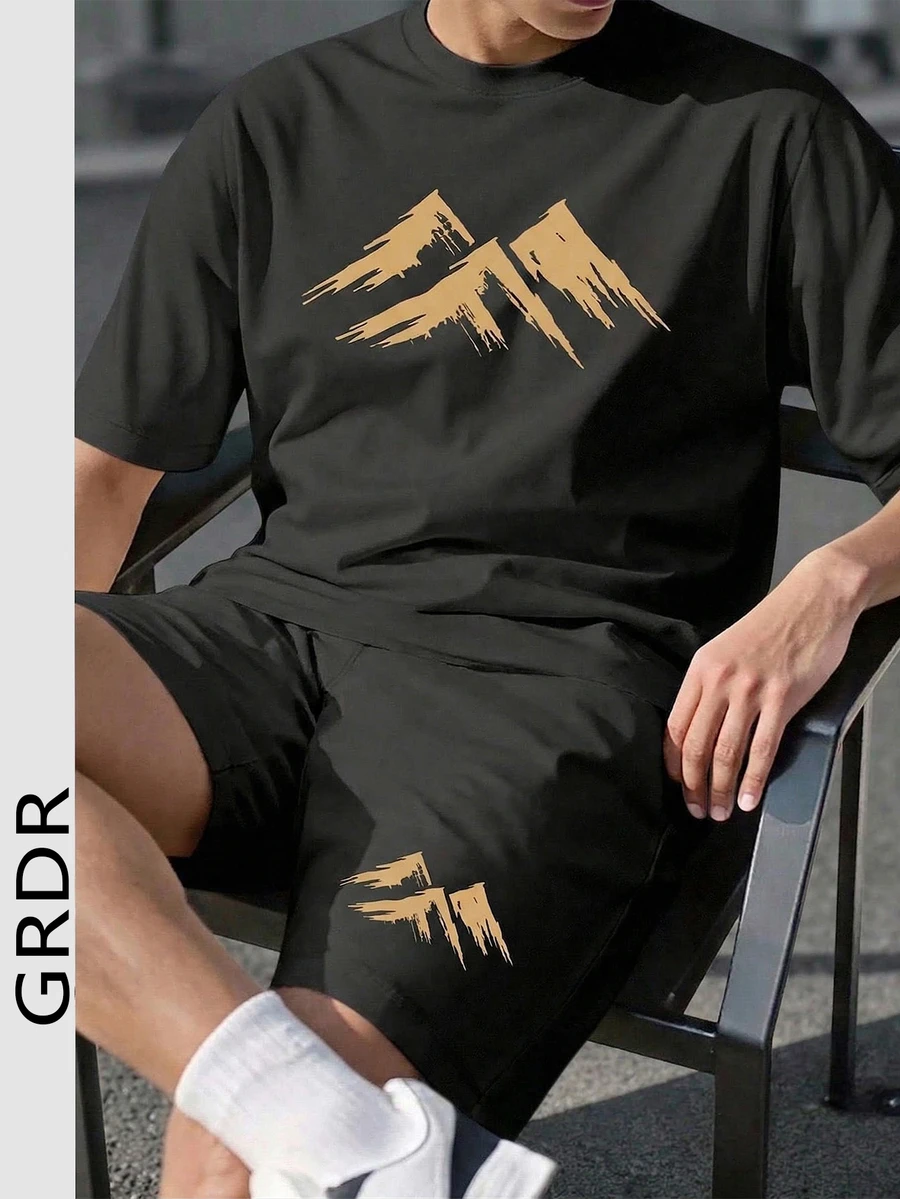 GRDR Men's Printed Round Neck Short Sleeve T-Shirt And Drawstring Shorts Casual Set - Black - View 1