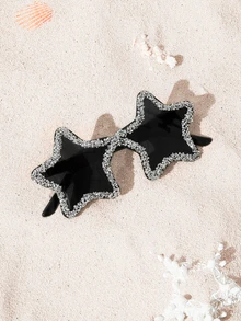 Trivaya 一副Y2K复古风格多巴胺时尚眼镜，星形图案，手工水钻装饰，无框设计，独特时尚，是婚礼、海滩派对、舞会和户外活动的理想之选。这款眼镜也是万圣节海滩配饰、女士眼镜、秋冬必备单品、商务休闲装、夏季海滩度假、户外活动和旅行的完美礼物。 - 彩色 - 查看 5