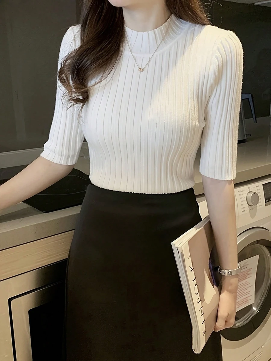 新款修身中袖针织衫女款，套头柔软休闲露脐上衣 白色夏季 - 白色 - 查看 1