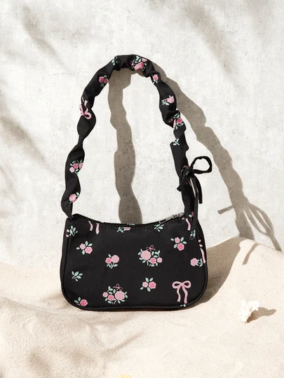 Trivaya 1 件黑色尼龙花卉印花拉链开合时尚休闲单肩包，适合女性日常使用