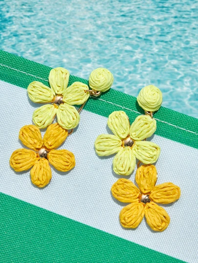 1 Pair Handmade Gradient Color Flower Rattan Earrings, Bohemian Style, Minimalist Design, Floral Tassel Earrings, Suitable For Women's Daily, Vacation, Party Wear