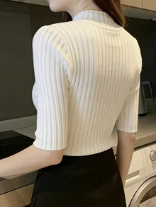 新款修身中袖针织衫女款，套头柔软休闲露脐上衣 白色夏季 - 白色 - 查看 2