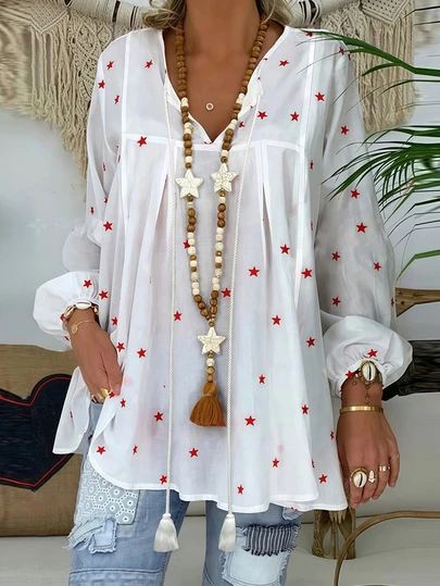 Plus Size Women's Bohemian Lantern Sleeve Blouse, Star Print Top With Tassel Decor (Random Print) White Spring