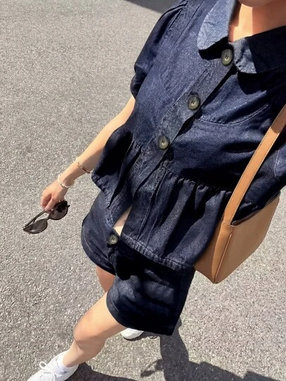 女士短袖彼得潘领开衫短裤两件套夏季