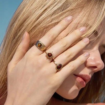 Glizzene 3PCS/SET Retro Brown Stone Rings For Women Girls Sun Asymmetrical Gold Color Aesthetic Rings Opening Adjustable Ring Fashion Jewelry Gifts Wedding