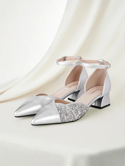 Clariva 女士优雅银色凉鞋高跟鞋舒适尖头玛丽珍中跟闭趾夏季鞋，优雅女士高跟鞋，高贵典雅