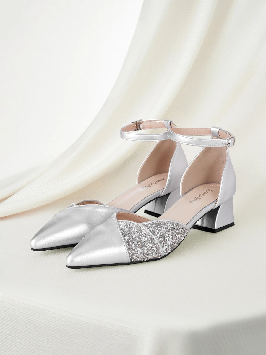 Clariva 女士优雅银色凉鞋高跟鞋舒适尖头玛丽珍中跟闭趾夏季鞋，优雅女士高跟鞋，高贵典雅 - 銀色 - 查看 1
