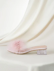 Clariva Pink Fairy Style Rabbit Fur Slippers For Women, Summer Open Toe Crystal High Heels Sandals - Pink - View 2