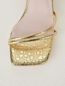 Clariva Women's New Fashion High Heel Slides, Versatile Gold Strap Double Strap Open Toe Square Toe Chunky Heel Sandals,Spring Summer Outfits - Gold - View 4