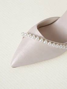 Clariva Giày cao gót nữ màu be, quai cài ngọc trai thời trang, gót dày, mũi nhọn, hàng mới về mùa xuân/hè; Sandal quai trắng, sandal cao gót màu be đính ngọc trai, thanh lịch và gợi cảm, phù hợp với váy, sườn xám. - Màu be - Xem 5
