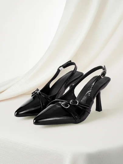 Clariva 女士猫跟尖头高跟鞋，黑色漆皮细高跟新娘婚礼宾客鞋，搭扣系带精致优雅后系带凉鞋