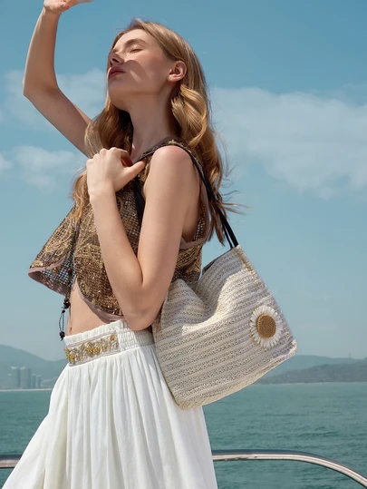 Glizzene Chic Sunflower Woven Tote Bag, 2025 New Arrival Fashion Shoulder Bag, Korean Style Beach Woven Handbag For Women, Beach Necessities, Beach Essentials,Beach Stuff & Summer Essentials, Newest Holiday Bag ,Vacation Essentials, Vacation, Woven Bag Wedding