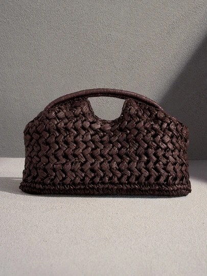 NobleVue 2025新款天然纤维手拿包，手工编织拉菲草夏季沙滩包，棕色，女士款