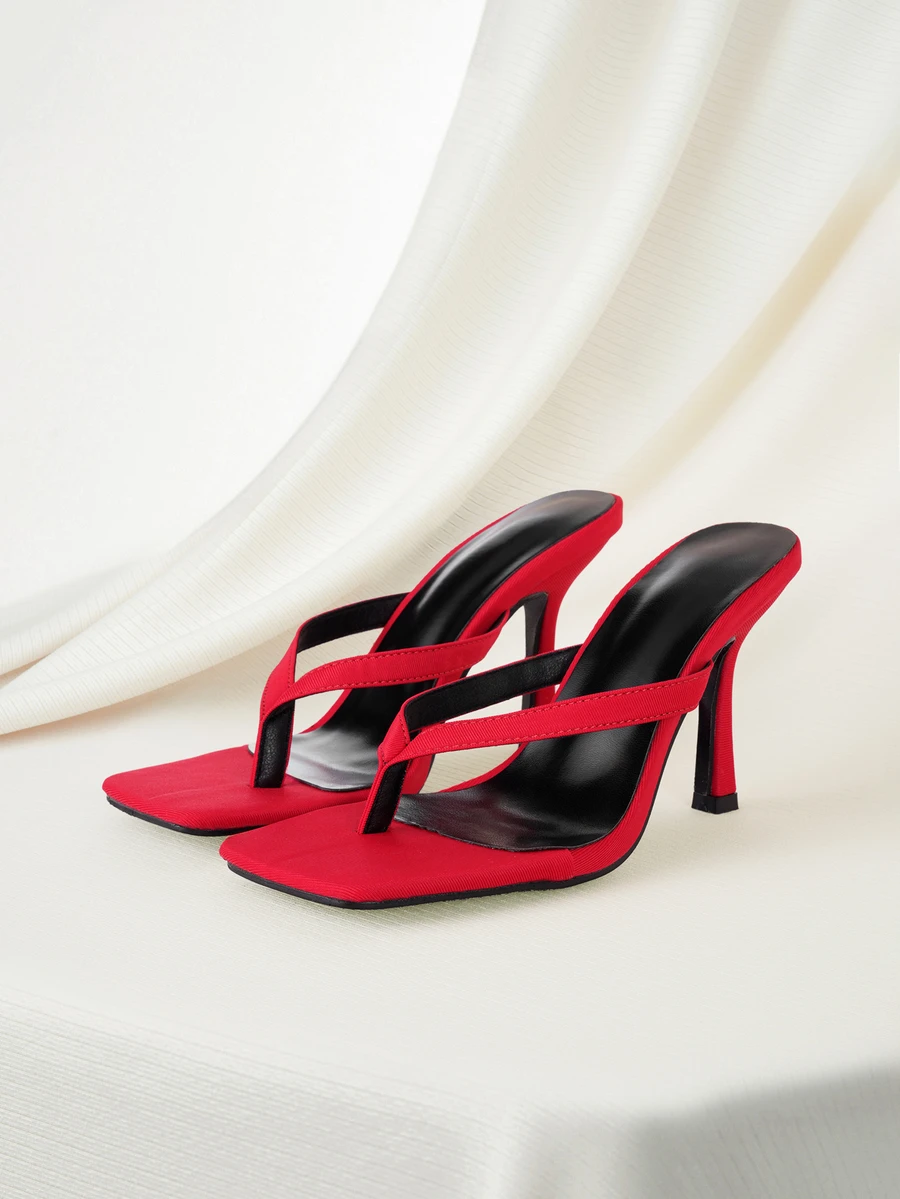 Clariva 女士经典简约条纹人字拖高跟凉鞋，春夏穿搭 - 紅色 - 查看 1