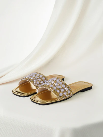 Clariva Fashionable & Luxurious Women's Flat Sandals, Pearl & Rhinestone Decor Design, Women's Square Toe Mule Flats, Square Toe Style In Multiple Colors, Comfortable Footwear Suitable For Stylish Outfits