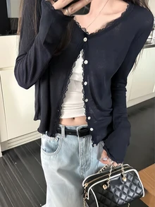 女士春夏新款蕾丝拼接花卉饰边柔软针织开衫轻薄外套 - 藏蓝色 - 查看 1