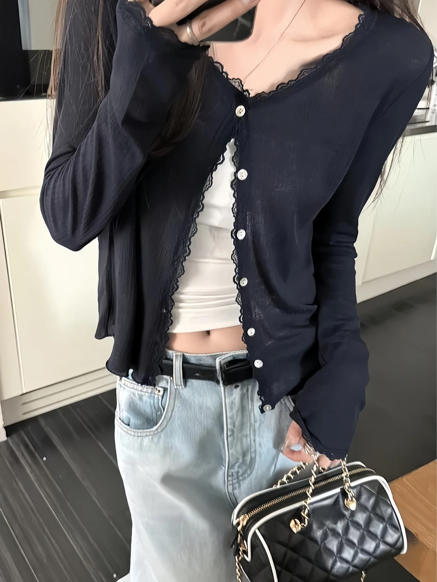 女士春夏新款蕾丝拼接花卉饰边柔软针织开衫轻薄外套 - 藏蓝色 - 查看 1