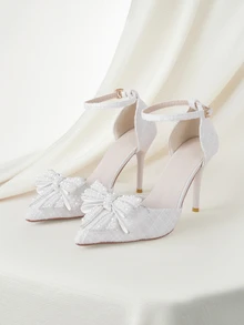 Clariva Zapatos de tacón alto beige, tela de lana gruesa, decoración de lazo de cristal de moda, punta afilada, correa de tobillo, tacón de aguja, estilo de hada, nueva llegada de primavera/verano, sandalias de tacón alto beige, tacón de gatito, tacones altos formales sexy, adecuados para vestidos y cheongsam - Beis - Ver 1