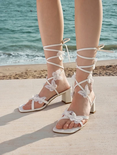 Glizzene Spring/Summer Women's High Heel Sandals, White Crisscross Strappy Sandals With 3D Butterfly Decor, Eye-Catching And Sexy, Suitable For Banquets, Vacations, Formal Events, Indoor & Outdoor, Daily Wear, Runway Style, Burgundy Sandals Wedding