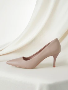 Clariva Point Toe Stiletto Heeled Court Pumps, Khaki Elegant Solid Color Women's High Heel Pumps, Elegant - Khaki - View 2