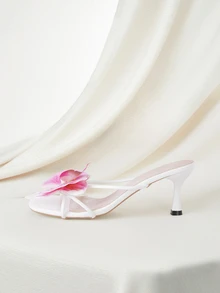 Clariva French Square Toe Elegant Solid Color Vacation Fashion Beach Goddess PU Leather Floral Decor Gentle Goddess Vacation Style Thin High Heel Sandals, Suitable For Beach, Holiday, Heeled Sandals, Sandals For Women, Wedding, Summer,Kitten Heels - Hot Pink - View 2