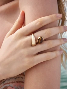 Glizzene 1 buah Cincin Logam Tebal Berhiaskan Batu Mata Harimau Alami, Untuk Pernikahan Wanita - MultiWarna - View 2
