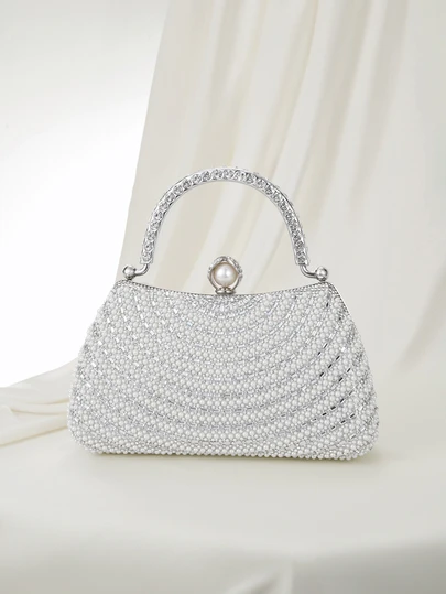 Clariva 优雅时尚钻石珍珠装饰手拿包，高端正式晚宴派对手提包，适合婚礼、派对、盛会等场合，钻石珍珠女士钱包
