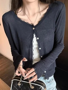 女士春夏新款蕾丝拼接花卉饰边柔软针织开衫轻薄外套 - 藏蓝色 - 查看 2