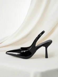 Clariva 女士露跟小猫跟鞋，尖头漆皮细高跟鞋，红色新娘婚礼宾客鞋，百搭精致后系带凉鞋 - 黑色 - 查看 2