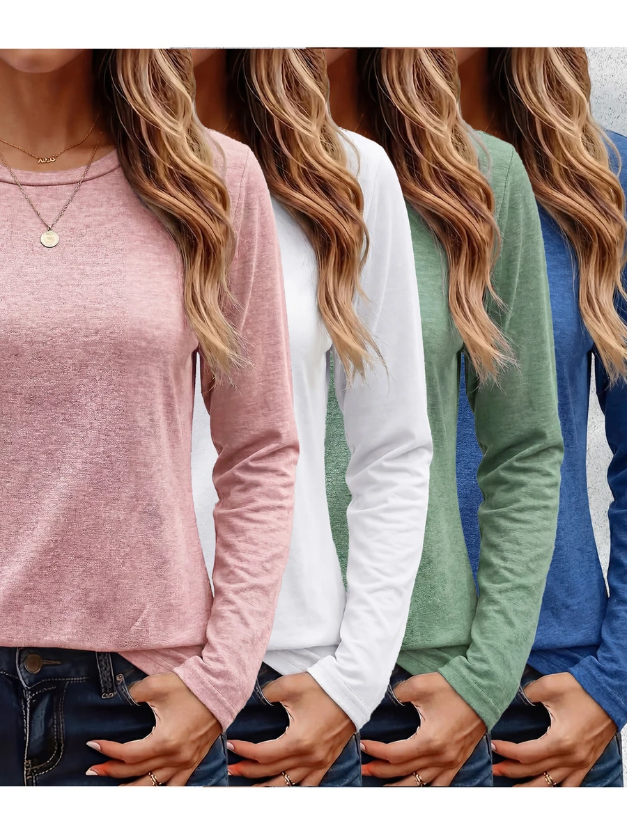 4pcs Solid Color Round Neck Long Sleeve Loose Casual Women Tops Tee, Comfortable & Fashionable, Machine Washable - Suitable For Spring/Autumn Daily And Home Wear