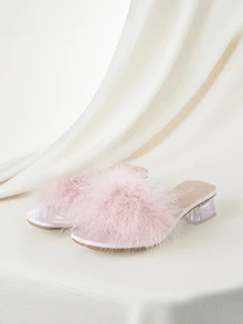 Clariva Pink Fairy Style Rabbit Fur Slippers For Women, Summer Open Toe Crystal High Heels Sandals - Pink - View 1