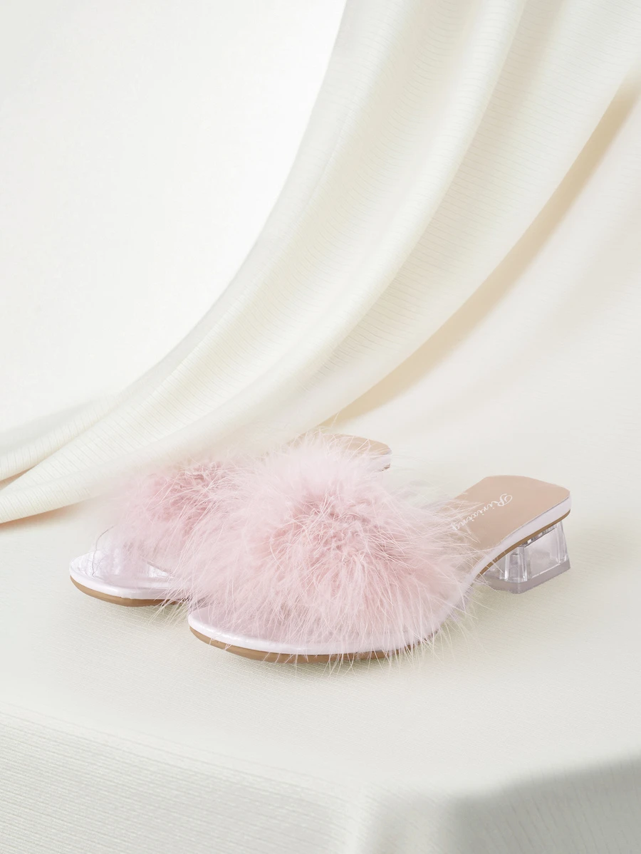 Clariva Pink Fairy Style Rabbit Fur Slippers For Women, Summer Open Toe Crystal High Heels Sandals - Pink - View 1