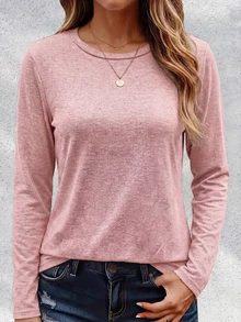 4pcs Solid Color Round Neck Long Sleeve Loose Casual Women Tops Tee, Comfortable & Fashionable, Machine Washable - Suitable For Spring/Autumn Daily And Home Wear - Multicolor - View 3