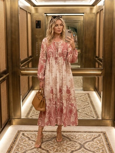 女士波西米亚复古优雅长袖圆领连衣裙，蓬松柔美夏季春季连衣裙