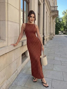 Women's Polka Dot Round Neck Elegant Waist Cinching Long Party Dress Summer - Coffee - View 2