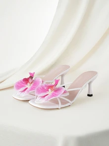 Clariva French Square Toe Elegant Solid Color Vacation Fashion Beach Goddess PU Leather Floral Decor Gentle Goddess Vacation Style Thin High Heel Sandals, Suitable For Beach, Holiday, Heeled Sandals, Sandals For Women, Wedding, Summer,Kitten Heels - Hot Pink - View 1