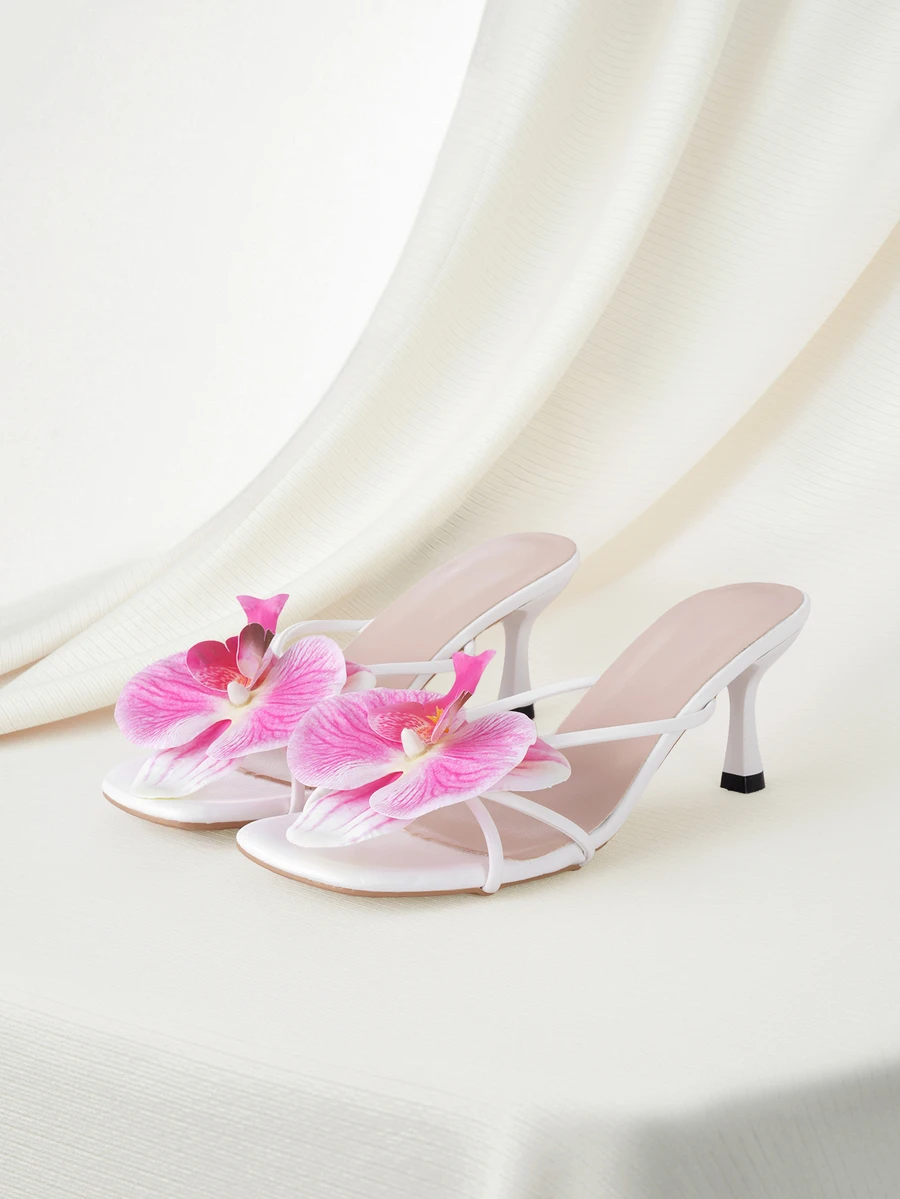 Clariva French Square Toe Elegant Solid Color Vacation Fashion Beach Goddess PU Leather Floral Decor Gentle Goddess Vacation Style Thin High Heel Sandals, Suitable For Beach, Holiday, Heeled Sandals, Sandals For Women, Wedding, Summer,Kitten Heels - Hot Pink - View 1