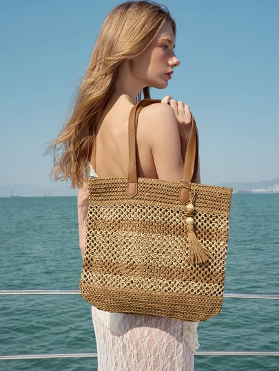 Glizzene 1个时尚休闲波西米亚度假风大容量条纹撞色纸编织手提包，饰有双色流苏和拉链，女士沙滩包，适合旅行、日常通勤、工作和时尚穿搭，波西米亚风婚礼必备