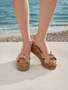 女士时尚串珠踝带坡跟凉鞋，春夏婚礼穿搭 - 杏色 - 查看 6