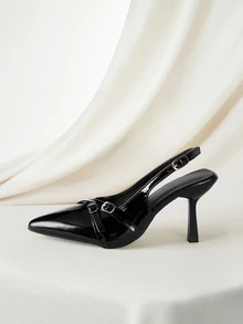 Clariva 女士猫跟尖头高跟鞋，黑色漆皮细高跟新娘婚礼宾客鞋，搭扣系带精致优雅后系带凉鞋 - 黑色 - 查看 2
